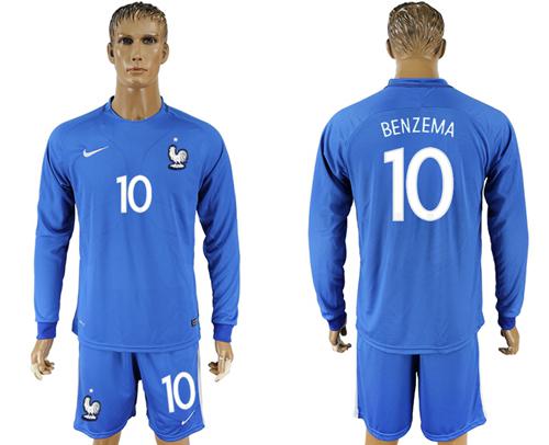 France #10 Benzema Home Long Sleeves Soccer Country Jersey France #10 Benzema Home Long Sleeves Soccer Country Jersey