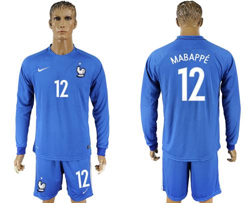 France #12 Mabappe Home Long Sleeves Soccer Country Jersey France #12 Mabappe Home Long Sleeves Soccer Country Jersey