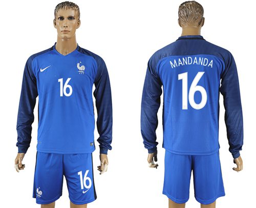 France #16 Mandanda Home Long Sleeves Soccer Country Jersey France #16 Mandanda Home Long Sleeves Soccer Country Jersey