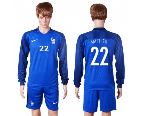 France #22 Mathieu Home Long Sleeves Soccer Country Jersey France #22 Mathieu Home Long Sleeves Soccer Country Jersey