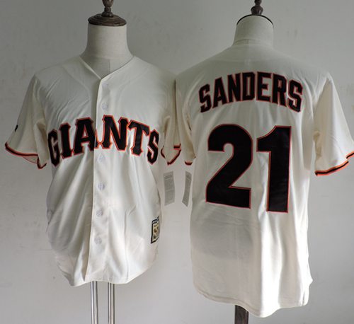 Giants #21 Deion Sanders Cream Throwback Stitched MLB Jersey（Mitchell And Ness）