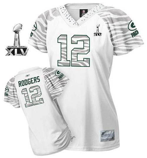 Green Bay Packers #12 Aaron Rodgers White Womennull Zebra Field Flirt Bowl Super Bowl XLV Embroidered NFL Jersey