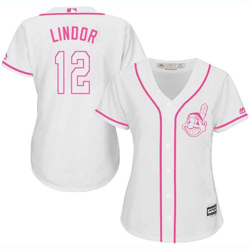 Indians #12 Francisco Lindor White Pink Fashion Women's Stitched MLB Jersey Indians #12 Francisco Lindor White Pink Fashion Women's Stitched MLB Jersey