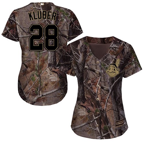 Indians #28 Corey Kluber Camo Realtree Collection Cool Base Women's Stitched Baseball Jersey