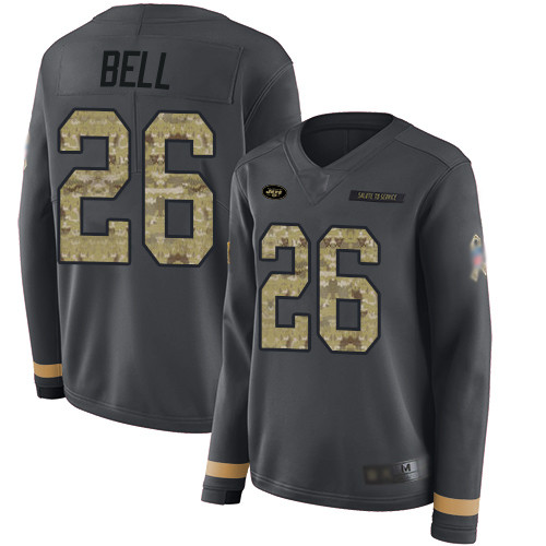 Jets #26 Le'Veon Bell Anthracite Salute to Service Women's Stitched Football Limited Therma Long Sleeve Jersey