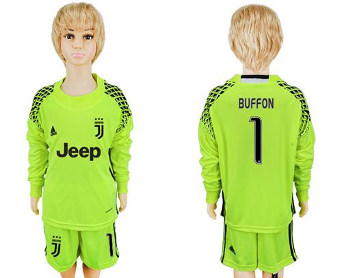 Juventus #1 Buffon Shiny Green Goalkeeper Long Sleeves Kid Soccer Club Jersey Juventus #1 Buffon Shiny Green Goalkeeper Long Sleeves Kid Soccer Club Jersey