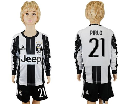 Juventus #21 Pirlo Home Long Sleeves Kid Soccer Club Jersey