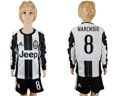 Juventus #8 Marchisio Home Long Sleeves Kid Soccer Club Jersey