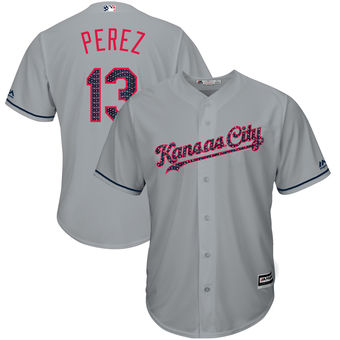 Kansas City Royals Salvador Perez Majestic 2017 Stars & Stripes Cool Base Player Jersey - Gray