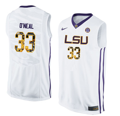 LSU Tigers 33 Shaquille O'Neal White With Portrait Print College Basketball Jersey2 LSU Tigers 33 Shaquille O'Neal White With Portrait Print College Basketball Jersey2