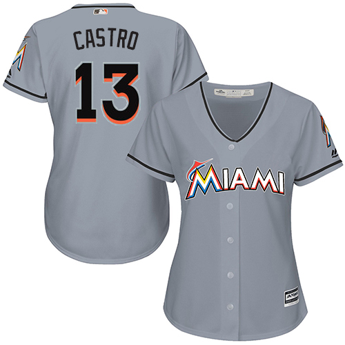 Marlins #13 Starlin Castro Grey Road Women's Stitched MLB Jersey Marlins #13 Starlin Castro Grey Road Women's Stitched MLB Jersey