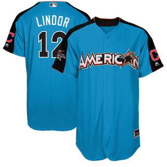 Men's American League Indians Francisco Lindor Majestic Blue 2017 MLB All-Star Game Authentic Home Run Derby Jersey