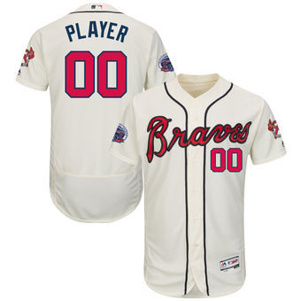 Men's Atlanta Braves Majestic Alternate Cream 2017 Authentic FlexBase Custom Jersey with Commemorative Patch Stitched MLB Jersey