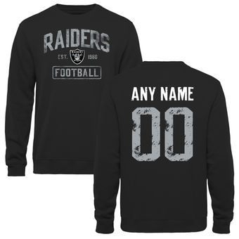 Men's Black Oakland Raiders Distressed Custom Name & Number Pullover Sweatshirt