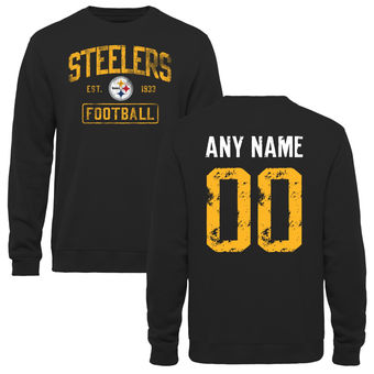 Men's Black Pittsburgh Steelers Distressed Custom Name & Number Pullover Sweatshirt