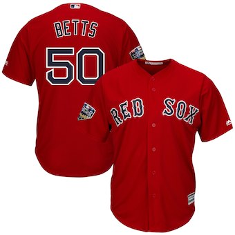 Men's Boston Red Sox Mookie Betts Majestic Scarlet 2018 World Series Cool Base Player Jersey