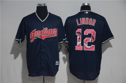 Men's Cleveland Indians #12 Francisco Lindor Majestic Navy Blue 2017 Color Printing Cool Base Jersey