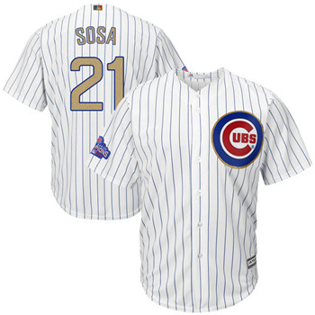 Men's Cubs #21 Sammy Sosa Majestic White 2017 Gold Program Cool Base Player Jersey