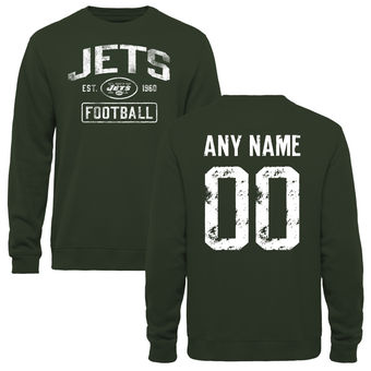 Men's Green New York Jets Distressed Custom Name & Number Pullover Sweatshirt