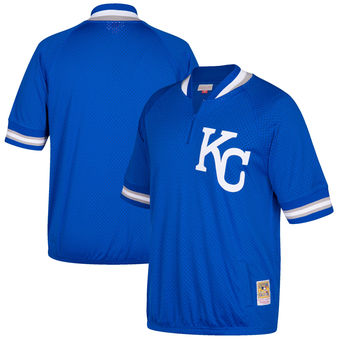 Men's Kansas City Royals Mitchell & Ness Royal Cooperstown Collection Mesh Batting Practice Quarter-Zip Jersey