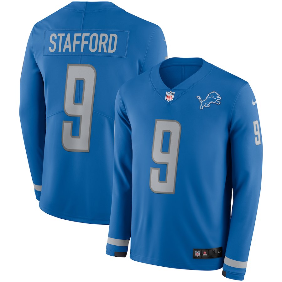 Men's Lions #9 Matthew Stafford Blue Team Color Men's Stitched NFL Limited Therma Long Sleeve Jersey