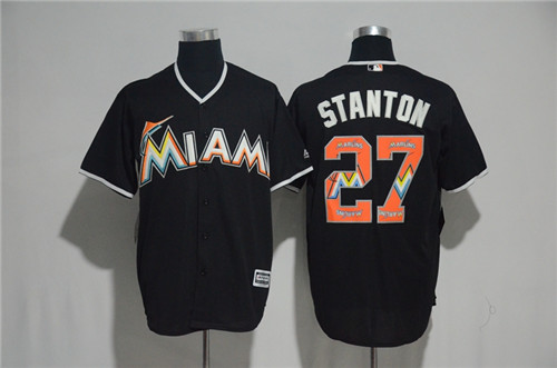 Men's Miami Marlins #27 Giancarlo Stanton Majestic Black 2017 Color Printing Cool Base Jersey