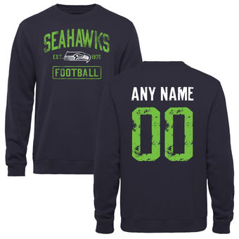 Men's Navy Seattle Seahawks Distressed Custom Name & Number Pullover Sweatshirt