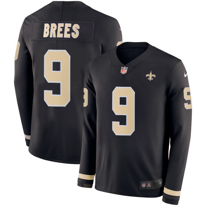 Men's Saints #9 Drew Brees Black Team Color Men's Stitched NFL Limited Therma Long Sleeve Jersey