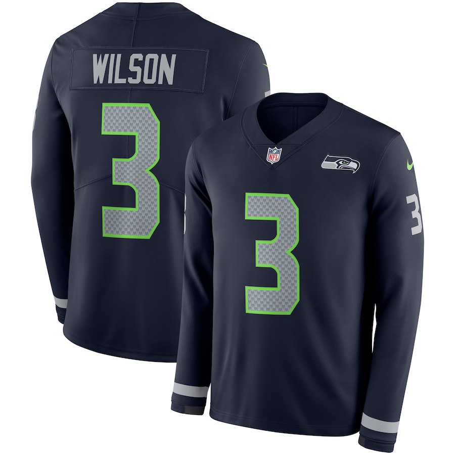 Men's Seahawks #3 Russell Wilson Navy Blue Team Color Men's Stitched NFL Limited Therma Long Sleeve Jersey