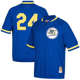 Men's Seattle Mariners Ken Griffey Jr. Mitchell & Ness Royal Cooperstown Collection Mesh Batting Practice Quarter-Zip Jersey