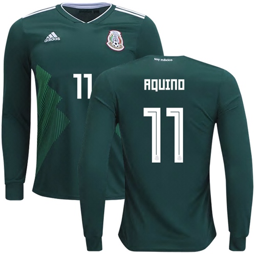 Mexico #11 Aquino Home Long Sleeves Soccer Country Jersey Mexico #11 Aquino Home Long Sleeves Soccer Country Jersey