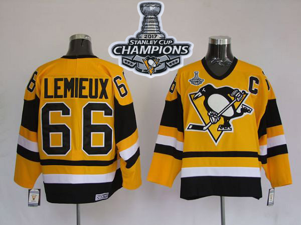 Mitchell&Ness Penguins #66 Mario Lemieux Yellow 2017 Stanley Cup Finals Champions Stitched NHL Jersey