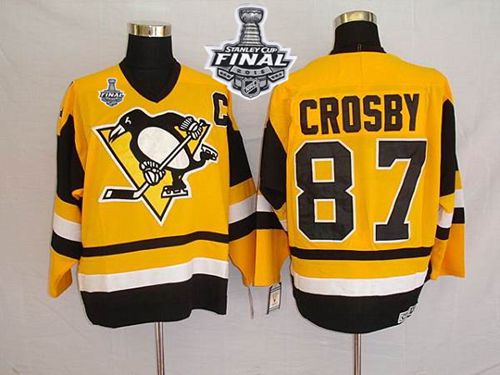 Mitchell&Ness Penguins #87 Sidney Crosby Yellow 2016 Stanley Cup Final Patch Stitched NHL Jersey