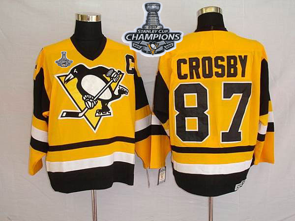 Mitchell&Ness Penguins #87 Sidney Crosby Yellow 2017 Stanley Cup Finals Champions Stitched NHL Jersey