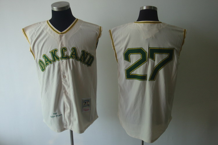 Mitchell And Ness 1968 Athletics #27 Catfish Hunter Cream Throwback Stitched MLB Jersey