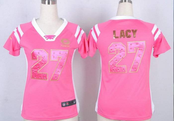 NEW New Green Bay Packers 27 Eddie Lacy Women Draft Him Shimmer V-Neck T-Shirt - Pink