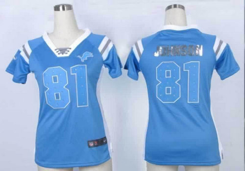 NEW Women Jerseys Detroit Lions #81 Calvin Johnson Blue(fashion Rhinestone sequins)