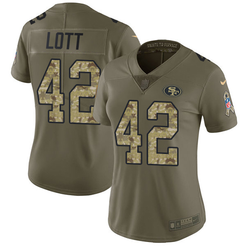 Nike 49ers #42 Ronnie Lott Olive Camo Women's Stitched NFL Limited 2017 Salute to Service Jersey