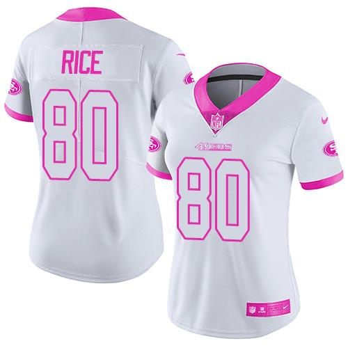 Nike 49ers #80 Jerry Rice White Pink Women's Stitched NFL Limited Rush Fashion Jersey