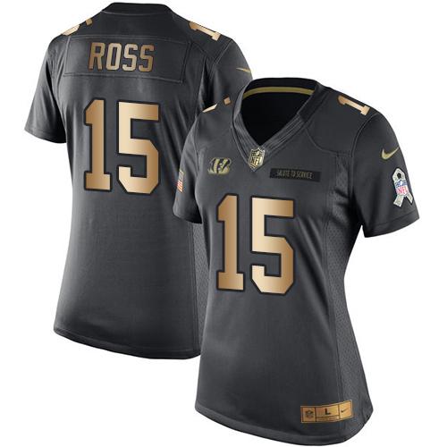 Nike Bengals #15 John Ross Black Women's Stitched NFL Limited Gold Salute to Service Jersey