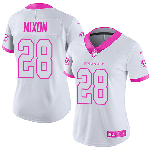 Nike Bengals #28 Joe Mixon White Pink Women's Stitched NFL Limited Rush Fashion Jersey