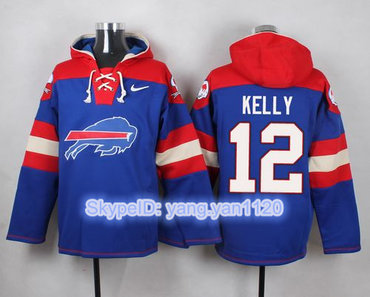 Nike Bills #12 Jim Kelly Royal Blue Player Pullover NFL Hoodie
