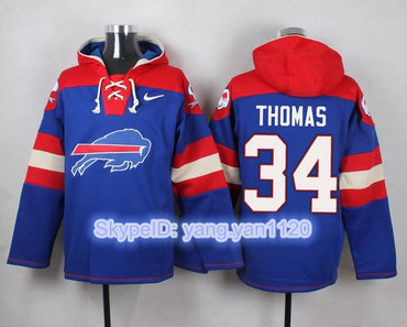 Nike Bills #34 Thurman Thomas Royal Blue Player Pullover NFL Hoodie