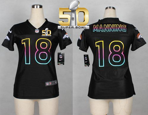 Nike Broncos #18 Peyton Manning Black Super Bowl 50 Women's NFL Fashion Game Jersey