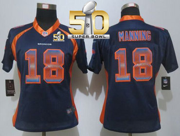 Nike Broncos #18 Peyton Manning Blue Alternate Super Bowl 50 Women's Stitched NFL Elite Strobe Jersey