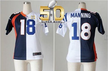 Nike Broncos #18 Peyton Manning BlueWhite Super Bowl 50 Women's Stitched NFL Elite Split Colts Jersey