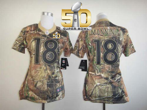 Nike Broncos #18 Peyton Manning Camo Super Bowl 50 Women's Stitched NFL Realtree Elite Jersey
