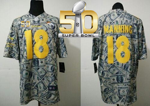 Nike Broncos #18 Peyton Manning Dollar Fashion Super Bowl 50 Men's Stitched NFL Elite Jersey