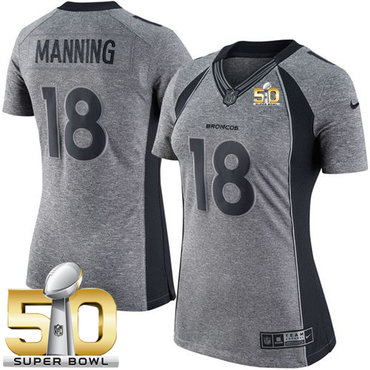Nike Broncos #18 Peyton Manning Gray Super Bowl 50 Women's Stitched NFL Limited Gridiron Gray Jersey