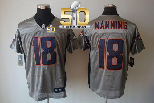 Nike Broncos #18 Peyton Manning Grey Shadow Super Bowl 50 Men's Stitched NFL Elite Jersey